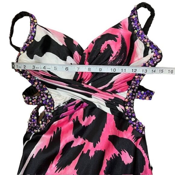 La Femme Formal Gown Sequin Strappy Animal Print Sexy Black White Pink Size 00 - Picture 13 of 16
